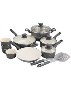 Spice by Tia Mowry Savory Saffron 16 Piece Ceramic Nonstick Cookware Set in Grey